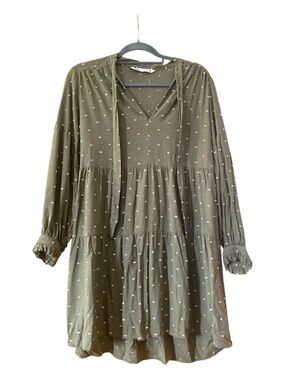 Zara Olive Green Dress All Over Embroidery Boho Midi Mini Textured Size Small